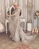Luxo muçulmano árabe sereia vestidos de noite frisado pescoço de mangas compridas laço apliques formal vestido formal varredura trem lantejoulas tule vestidos de baile