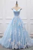 Robe de soirée bleu ciel clair, épaules dénudées, avec des Appliques en dentelle, en Tulle et Organza, dos nu, robe formelle de bal