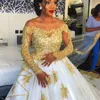 Luxo Sereia De Ouro Vestido De Casamento Com Trem Destacável Grânulos De Cristal Lace Applique Manga Comprida Vestido De Noiva Incrível África Vestido De Noiva