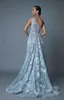 One Shoulder Berta Prom Dresses Light Blue Lace Appliqued 라인 형식 이브닝 가운 스윕 기차 디자인 미인 대회 레드 카펫 드레스