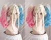 Ny peruk gratis frakt Harley Quinn Blue och Pink Medium Curly Hair Cosplay Wig