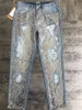 Meninas Moda Lantejoula Rasgado Calça Jeans Desenhador de Mulher Bling Bling Rasgado Jeans Cortadas Em Linha Reta Meio Cintura Luz Azul XS-2XL SZ
