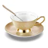 3pcs China xícara de chá e prato de pires com colher, 200 ml / 6,8 oz, Golden Grid