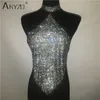 Akyzo Women's Sexy Halter Club Sequin Metal Tops 2018新しい到着の消火背景の高い作物光沢のあるタンクトップ