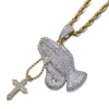 Hip Hop Brass Double Colors Iced Out Micro Pave CZ Praying Hands Cross Pendant Necklace Charm For Men Women235L