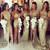 Sparkly Bling Gold Sequined Mermaid Bridesmaid Dresses Backless Slit Plus Size Maid of The Honor Gowns Bröllopsklänning