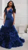 Mütevazı Fırfır Mermaid Abiye Kraliyet Mavi Katlı Artı Boyutu V Yaka Vestidos De Dresses Parti Elbise Balo Örgün Pageant Ünlü Abiye
