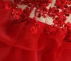 Red Alta Baixa Meninas Pageant Vestidos de manga curta Lace Organza Applique Lantejoulas frisados ​​plissados ​​Floristas Primeira Comunhão Vestido Crianças