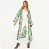 Kvinnor Etnisk Blomma Tryck Blusskjorta Lång Kimono Kvinnor Cardigan Elegant Långärmad Sommar Blus Blusas Chemise Femme Toppar