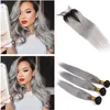 Silver Grey Ombre Peruvian Human Hair Bundlar med 4x4 Lace Closure Straight # 1b / Grå Ombre Virgin Haft Weft Extensions Two Tone Hair Weaves