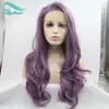 Bythairshop Long Body Wave Purple Color Synthetic Lace Front Wig Half Hand Tied Bouncy Heat Resistant Fiber Hair Cosplay Wig