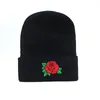 Women Winter Hat with Embroided Rose Flower Solid Black Knitted Beanie Knitted Skullies Caps for Female Winter Hats for Women
