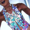 Seksi Metal Zincir Mahsul Tops Kadınlar Yaz Bling Hollow Sequins Halter Gömlek Bayan Kırpılmış Sparkly Lüks Gece Kulübü Parti Cami Top