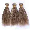 Kinky Curly # 8/613 Brown Blandad Blond Piano Färg Virgin Peruansk Mänsklig Hårbuntar 4PCS Piano Mix Färg Human Hair Weave Extensions