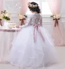 2019結婚式のための安い白い花の女の子のドレスレース長袖ガールズページェントドレスファースト聖体