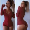 Sexy Choker High Deep V Neck Long Sleeve Single Breast Women Ribbed Bodysuits Playsuits Rompers Jumpsuits