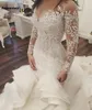 Saudi-arabische Spitze Meerjungfrau Brautkleider mit vollen Ärmeln Brautkleider Dubai Royal Train Button Rüschen Robe De Mariee 2023