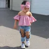 女の子の赤ちゃん子供服セットピンクトップスホールジーンズパンツヘッドバンド3ピースセットファッションガール子供のブティック幼児服衣装
