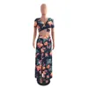 YJSFG House Elegante Vrouwen Zomer Lange Maxi Jurken Tweedelige Set Sexy 2017 Holle Crop Top Skirts Floral Print 2 stukjes Pakken