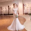 Abito da sposa 2018 La sposa manica corta classico ricamo in pizzo elegante scollo a barchetta abito da sirena a strascico di lusso