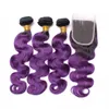 Lila Ombre Human Hair Weave Bundlar med Top Closure Body Wave Black and Purple Ombre Virgin Hair Extensions med 4x4 spetsslutning