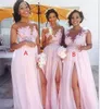 Pink Chiffon High Split Bridesmaid Dresses 2018 Sheer Neck Lace Appliques Long Wedding Guest Formal Party Gowns Floor Length Women Dress