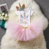 2020 Ropa para niña 1er cumpleaños Trajes Smash para pastel Ropa infantil Conjuntos de 3 piezas Mameluco + Falda tutú + Gorro de flores hecho a mano Trajes para bebé recién nacido