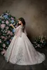 Pentelei 2019 Blush rose robes de fille de fleur pour les mariages bijou cou dentelle appliqué petits enfants robes de bébé perlée plume robe de communion