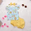 2018 sommer Neugeborenen Baby Mädchen Kleidung Set Fliegende Ärmel Floral Tops T-shirt + Shorts Böden Stirnband 3PCS Baby Outfits nette Mädchen Kleidung