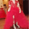 2018 Girls Pageant Dresses For Teens Dark Red Lace Appliques Long Sleeves High Low Tiered Ruffles Size 13 Party Children Flower Girl Gowns