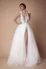 Lace Bohemian Wedding Dresses 3D Appliqued A-Line Deep V-Neck Beach Bridal Gowns Sweep Train Tulle Split Side Sexy