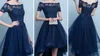 네이비 블루 칵테일 드레스 안녕하세요 로마 얇은 명소 아플리케 짧은 소매 밝은 회색