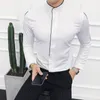 Contraste Passepoil Col Montant Chemise À Manches Longues Solide Designer Madarin Col Slim Fit Camisa Social Masculina Camicie Uomo