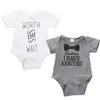 Summer Baby Clothes Letter Worth The Wait Infant Baby Boys Girls Rompers Short Sleeve Romper Bow Tie Jumpsuit Outfits Clothes Boys 0-24M