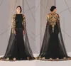 2018 zwarte Arabische moslim prom jurken tule mantel goud en zwarte pailletten crew hals plus size zeemeermin formele slijtage lange pageant prom jurk