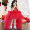 Vestido de fiesta con lentejuelas rojas Vestidos de niña de las flores para la boda Vestidos de desfile para niños pequeños sin espalda alto bajo Tul con gradas Navidad Niños Vestido de fiesta