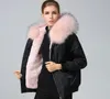 Nylon bomber jackets pink raccoon fur trim itlay female warm coats pink rabbit fur lining black bomber parkas