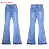 Broderie Stretching Flare jeans Femmes étirement des boutons de cloche pour les filles Pantalon pour femmes grandes taille A # K97