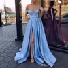 Side-Split Sky-Blue Vestidos de baile Sexy Satin A-Line Floor Length 2018 Vestido de fiesta Elegante sin hombros Sin mangas Vestidos de noche