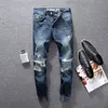 Jeans da uomo di moda di colore blu scuro Jeans strappati distrutti con fascia alla caviglia di alta qualità Pantaloni di jeans Pantaloni da uomo classici di marca