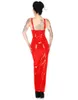 Robe longue en PVC pour femmes, noire et rouge, Sexy, sans manches, col en V, écharpe, fente haute, à bandes, à la mode, tenue de soirée, moulante