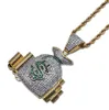 Homens cz cifrão saco de dinheiro bling pingente micro pave congelado out cubic zirconia pingente de colar de hip hop jóias com caixa de presente