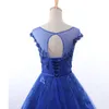 3D 꽃 레이스 라인 프로모션 드레스 저렴한 제국 허리 스쿠프 짧은 소매 페르시 리본 보우 저녁 파티 드레스 정식 가운 실제 이미지