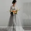 Summer Lace Tulle Grey Wedding Dresses V Neck Lace Half Sleeves A Line Bridal Gowns Custom Made Bohemia Wedding Gowns