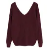 Kobiety Casual V Neck Twisted Sweter Sweet Burgundia Dzianiny Zworki Długie Swetry Pearl Frezowanie Pulower Pull Femme