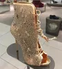 Bling Bling Peep Toe Stiletto Cienkie wysokie obcasy Buty Peep Toe Crystal Sandal Boots Glitter Rhinestone Lace-up Krótkie botki kostki