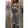 Explosies Buitenlandse Handel Dames Split Bandjes Lotus Leaf Beach Holiday Dress National Wind Printed Sexy Casual Jurk