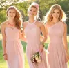 Blush Pink Long Country Style Brudtärklänningar Ruched One Shoulder Sweetheart Backless Maid of the Honor Dresses HY248