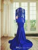 Langarmes Spitzen -Prom -Kleid Mermaid Style High Neck Seethrough Lace Applices Sexy Royal Blue African Party Abendkleider 20181347831