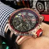 Marka Excalibur 46 Çift Tourbillon Gümüş kadran Kırmızı Halka İskeleti DBEX0657 Otomatik Erkekler İzle Gül Altın Kılıf Kauçuk Kayış Kentleri5808059